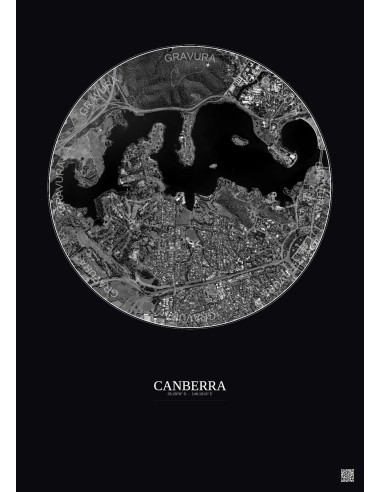 Affiche Canberra – Poster vue satellite 2.5km N&B | Gravura – Fond foncé