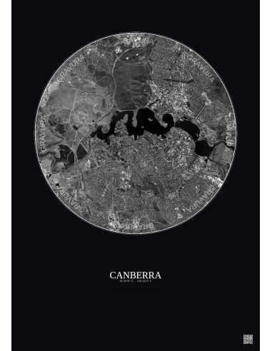 Affiche Canberra – Poster vue satellite 6km N&B | Gravura – Fond foncé