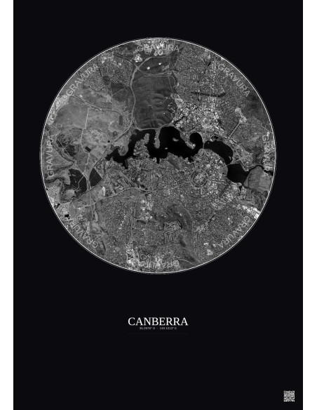 Affiche Canberra – Poster vue satellite 6km N&B | Gravura – Fond foncé