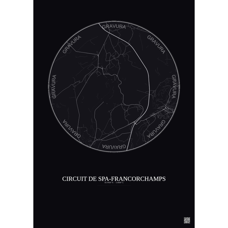 Affiche Circuit De Spa Francorchamps – Poster carte de ville 5km | Gravura – Fond foncé