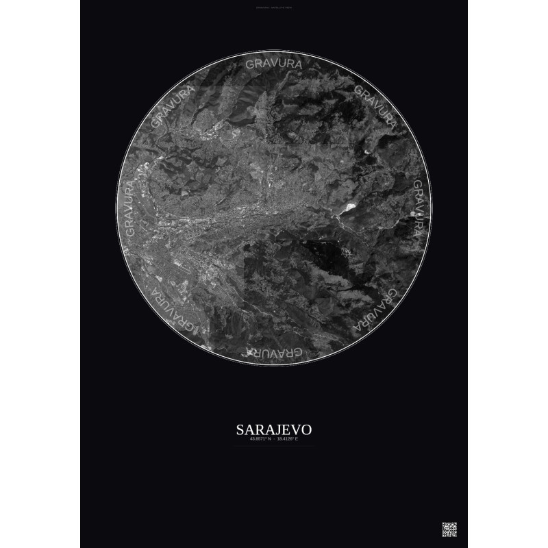 Affiche Sarajevo – Poster vue satellite 10km N&B | Gravura – Fond foncé