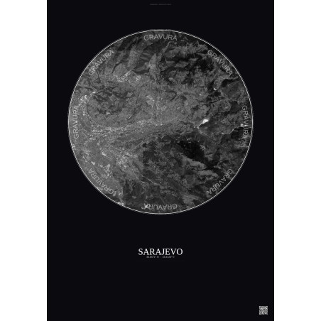 Affiche Sarajevo – Poster vue satellite 10km N&B | Gravura – Fond foncé