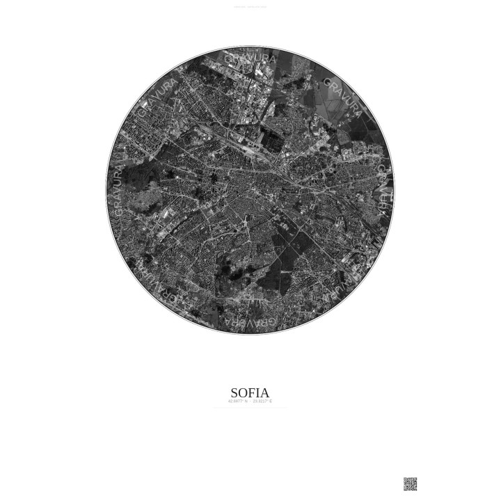 Affiche Sofia – Poster vue satellite 6km N&B | Gravura – Fond clair