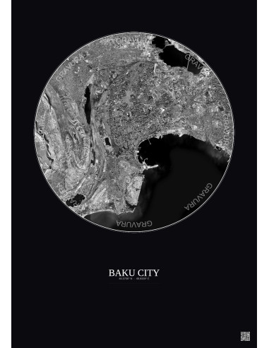 Baku City Satellite View Poster 10km B&W | Gravura – Dark background