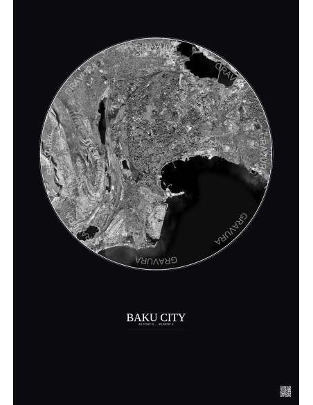 Baku City Satellite View Poster 10km B&W | Gravura – Dark background