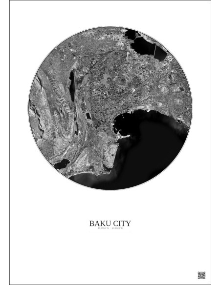 Affiche Baku City – Poster vue satellite 10km N&B | Gravura – Fond clair