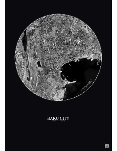 Baku City Satellite View Poster 6km B&W | Gravura – Dark background