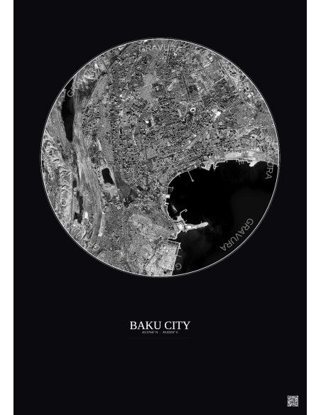 Baku City Satellite View Poster 6km B&W | Gravura – Dark background