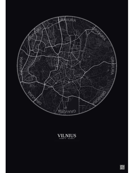 Affiche Vilnius – Poster carte de ville 6km | Gravura – Fond foncé