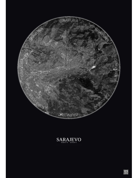 Affiche Sarajevo – Poster vue satellite 10km N&B | Gravura – Fond foncé