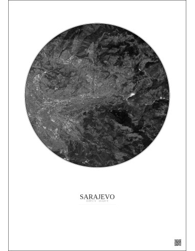 Affiche Sarajevo – Poster vue satellite 10km N&B | Gravura – Fond clair