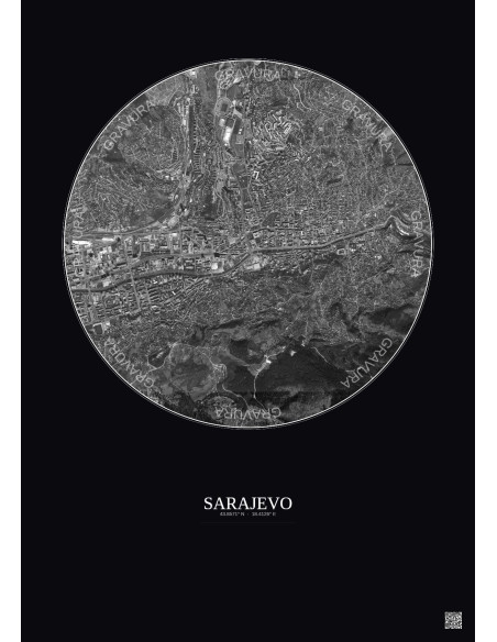 Affiche Sarajevo – Poster vue satellite 2.5km N&B | Gravura – Fond foncé