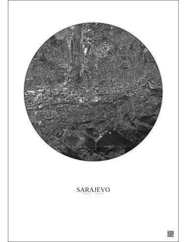 Affiche Sarajevo – Poster vue satellite 2.5km N&B | Gravura – Fond clair