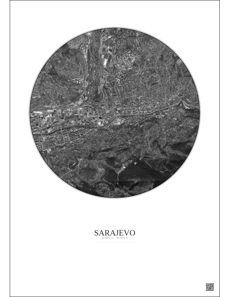 Affiche Sarajevo – Poster vue satellite 2.5km N&B | Gravura – Fond clair