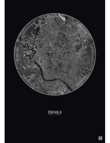Affiche Dhaka – Poster vue satellite 10km N&B | Gravura – Fond foncé