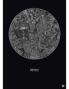 Affiche Dhaka – Poster vue satellite 2.5km N&B | Gravura – Fond foncé