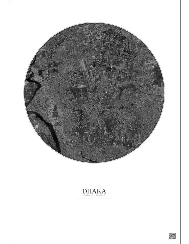 Affiche Dhaka – Poster vue satellite 6km N&B | Gravura – Fond clair