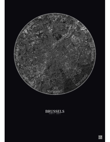 Affiche Brussels – Poster vue satellite 10km N&B | Gravura – Fond foncé
