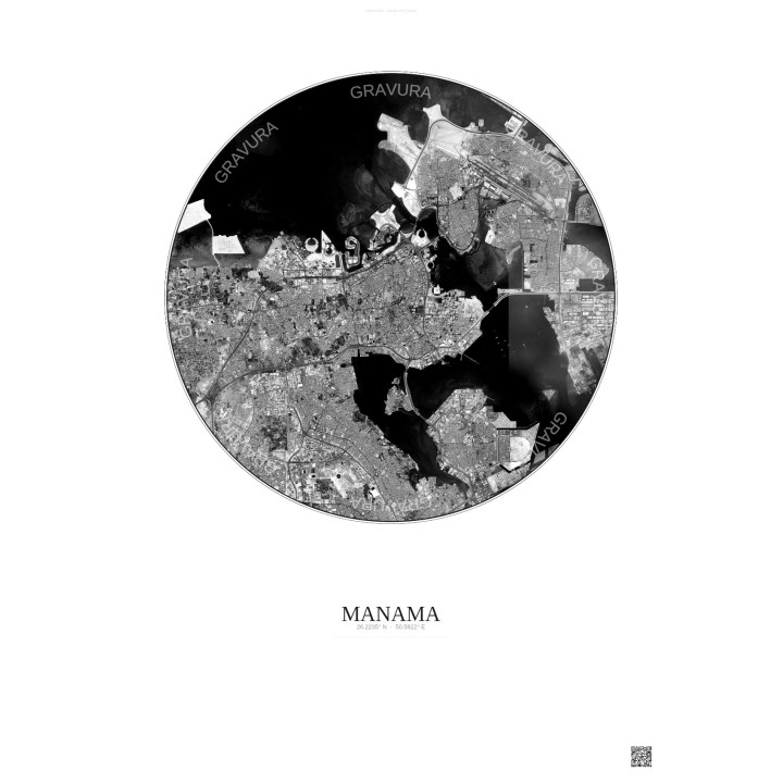 Affiche Manama – Poster vue satellite 10km N&B | Gravura – Fond clair