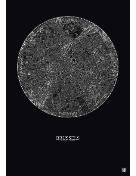 Affiche Brussels – Poster vue satellite 6km N&B | Gravura – Fond foncé
