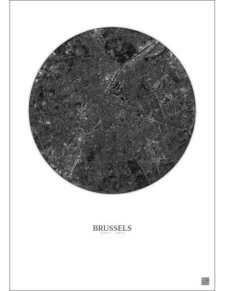 Brussels Satellite View Poster 6km B&W | Gravura – Light background
