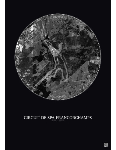 Circuit De Spa Francorchamps Satellite View Poster 2.5km B&W | Gravura – Dark background