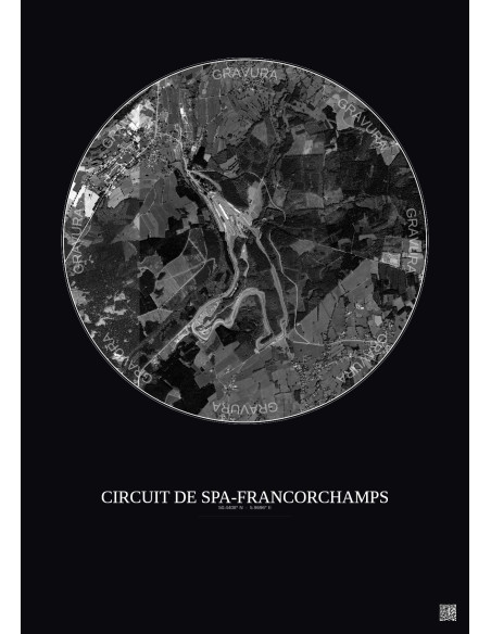 Circuit De Spa Francorchamps Satellite View Poster 2.5km B&W | Gravura – Dark background