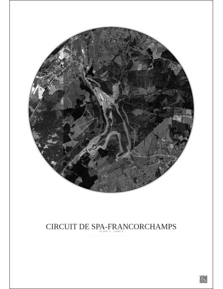 Affiche Circuit De Spa Francorchamps – Poster vue satellite 2.5km N&B | Gravura – Fond clair