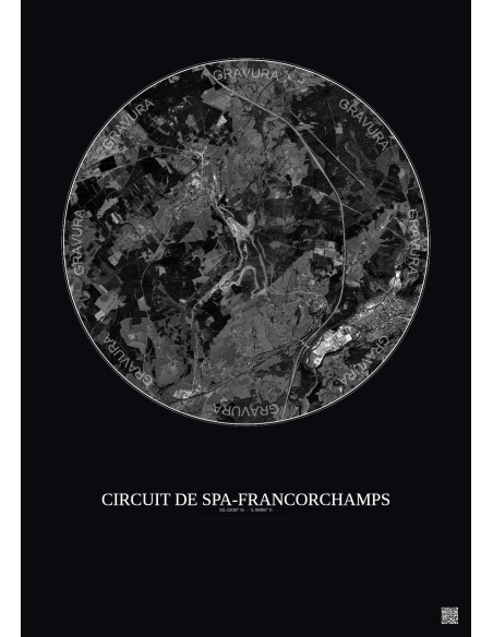 Affiche Circuit De Spa Francorchamps – Poster vue satellite 5km N&B | Gravura – Fond foncé