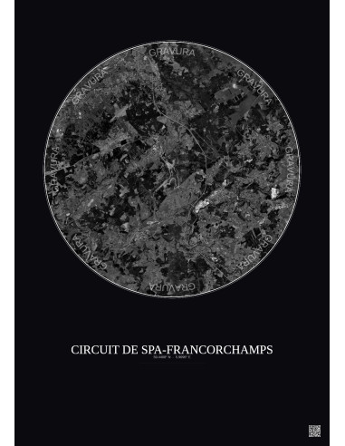Affiche Circuit De Spa Francorchamps – Poster vue satellite 10km N&B | Gravura – Fond foncé