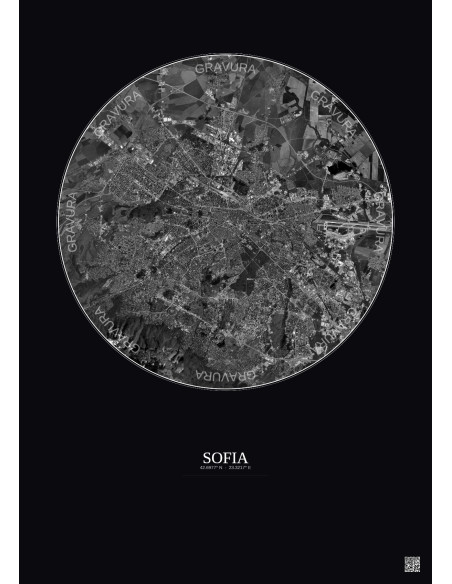 Sofia Satellite View Poster 10km B&W | Gravura – Dark background