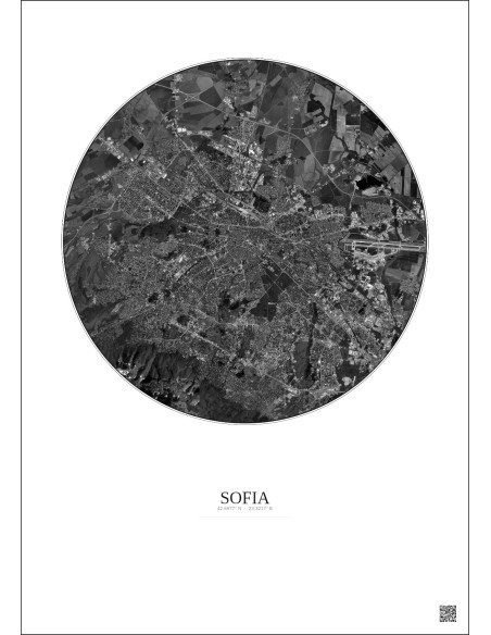 Affiche Sofia – Poster vue satellite 10km N&B | Gravura – Fond clair