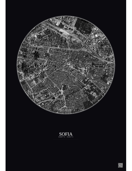 Sofia Satellite View Poster 2.5km B&W | Gravura – Dark background