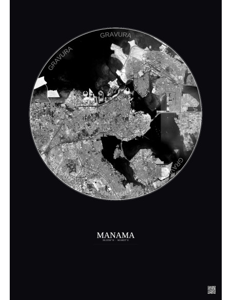 Affiche Manama – Poster vue satellite 10km N&B | Gravura – Fond foncé