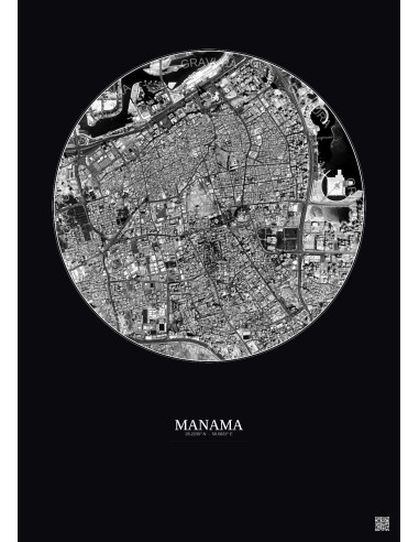 Affiche Manama – Poster vue satellite 2.5km N&B | Gravura – Fond foncé