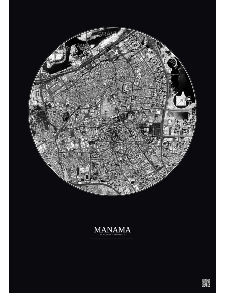 Affiche Manama – Poster vue satellite 2.5km N&B | Gravura – Fond foncé