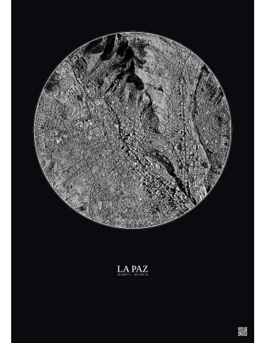 Affiche La Paz – Poster vue satellite 2.5km N&B | Gravura – Fond foncé