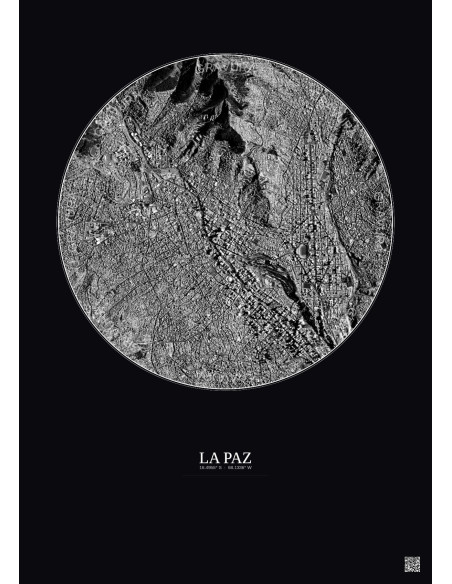 Affiche La Paz – Poster vue satellite 2.5km N&B | Gravura – Fond foncé