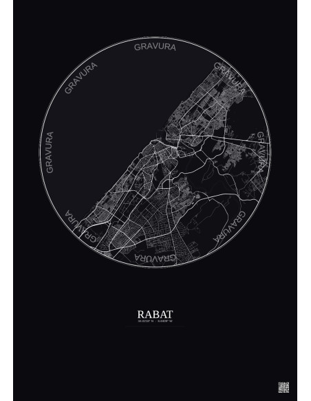 Affiche Rabat – Poster carte de ville 10km | Gravura – Fond foncé