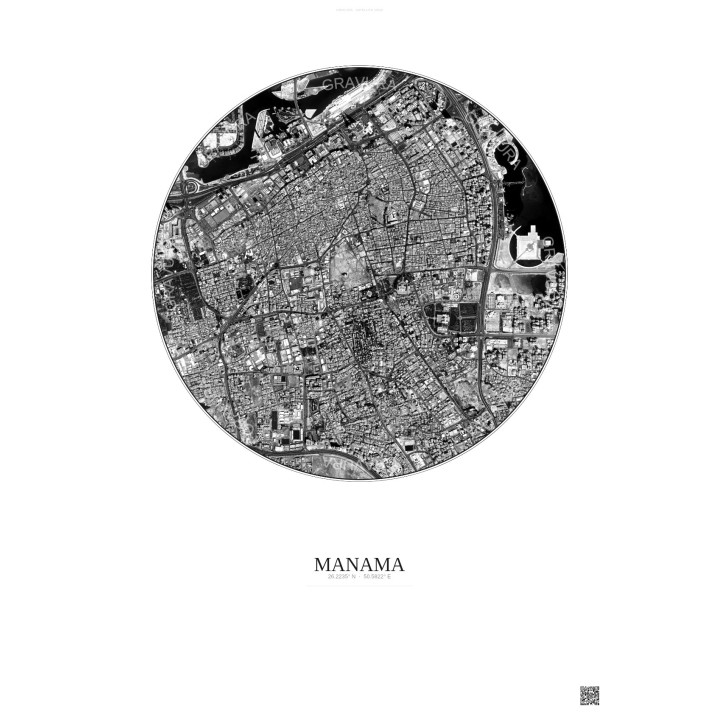 Affiche Manama – Poster vue satellite 2.5km N&B | Gravura – Fond clair