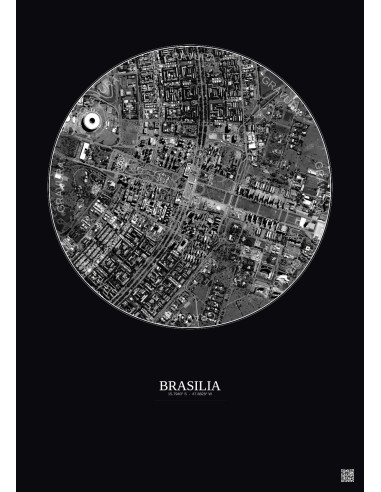 Affiche Brasilia – Poster vue satellite 2.5km N&B | Gravura – Fond foncé