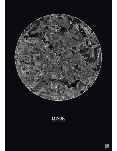 Affiche Minsk – Poster vue satellite 10km N&B | Gravura – Fond foncé