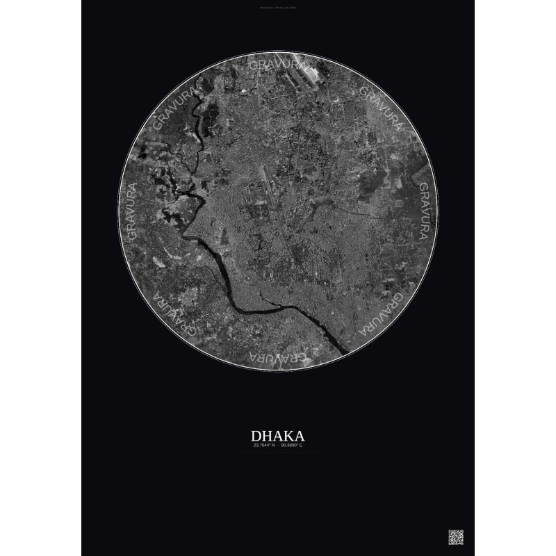 Affiche Dhaka – Poster vue satellite 10km N&B | Gravura – Fond foncé