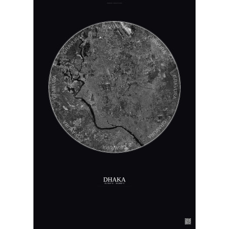 Affiche Dhaka – Poster vue satellite 10km N&B | Gravura – Fond foncé