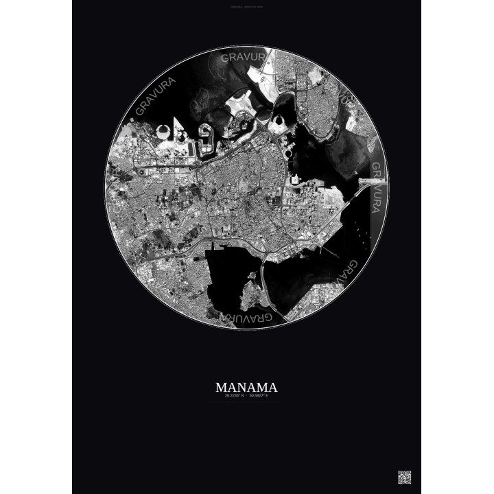 Affiche Manama – Poster vue satellite 6km N&B | Gravura – Fond foncé