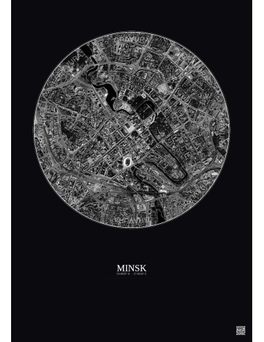 Affiche Minsk – Poster vue satellite 2.5km N&B | Gravura – Fond foncé