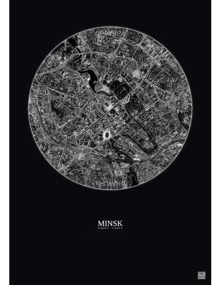 Affiche Minsk – Poster vue satellite 2.5km N&B | Gravura – Fond foncé