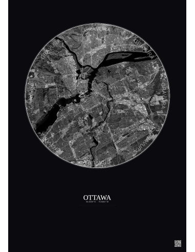 Affiche Ottawa – Poster vue satellite 10km N&B | Gravura – Fond foncé
