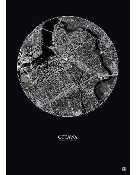 Affiche Ottawa – Poster vue satellite 2.5km N&B | Gravura – Fond foncé
