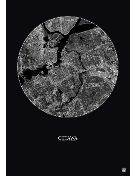 Affiche Ottawa – Poster vue satellite 6km N&B | Gravura – Fond foncé